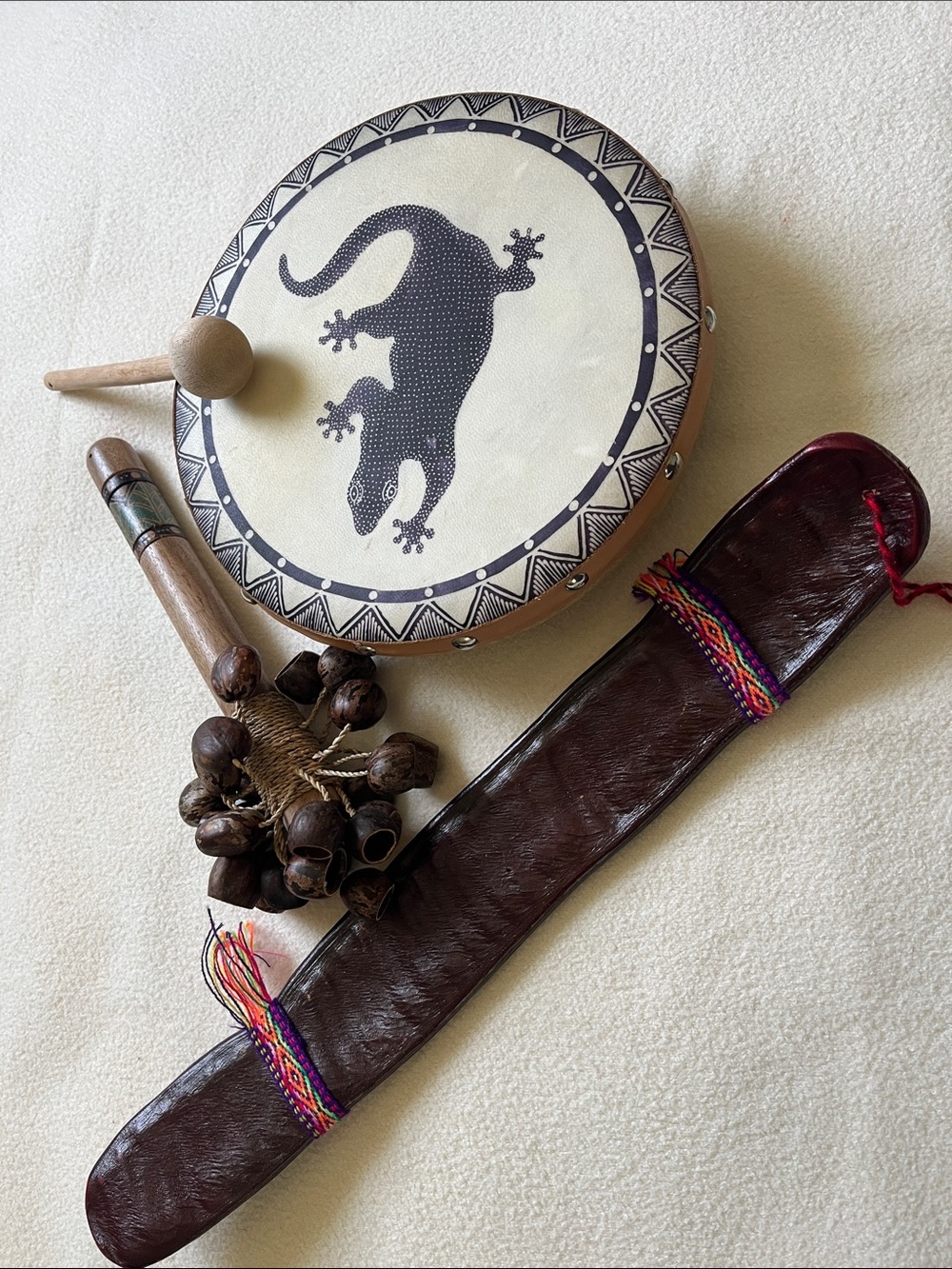 Frame Drum with Lizard Motif, seed pod shaker shaker, rhythm stick